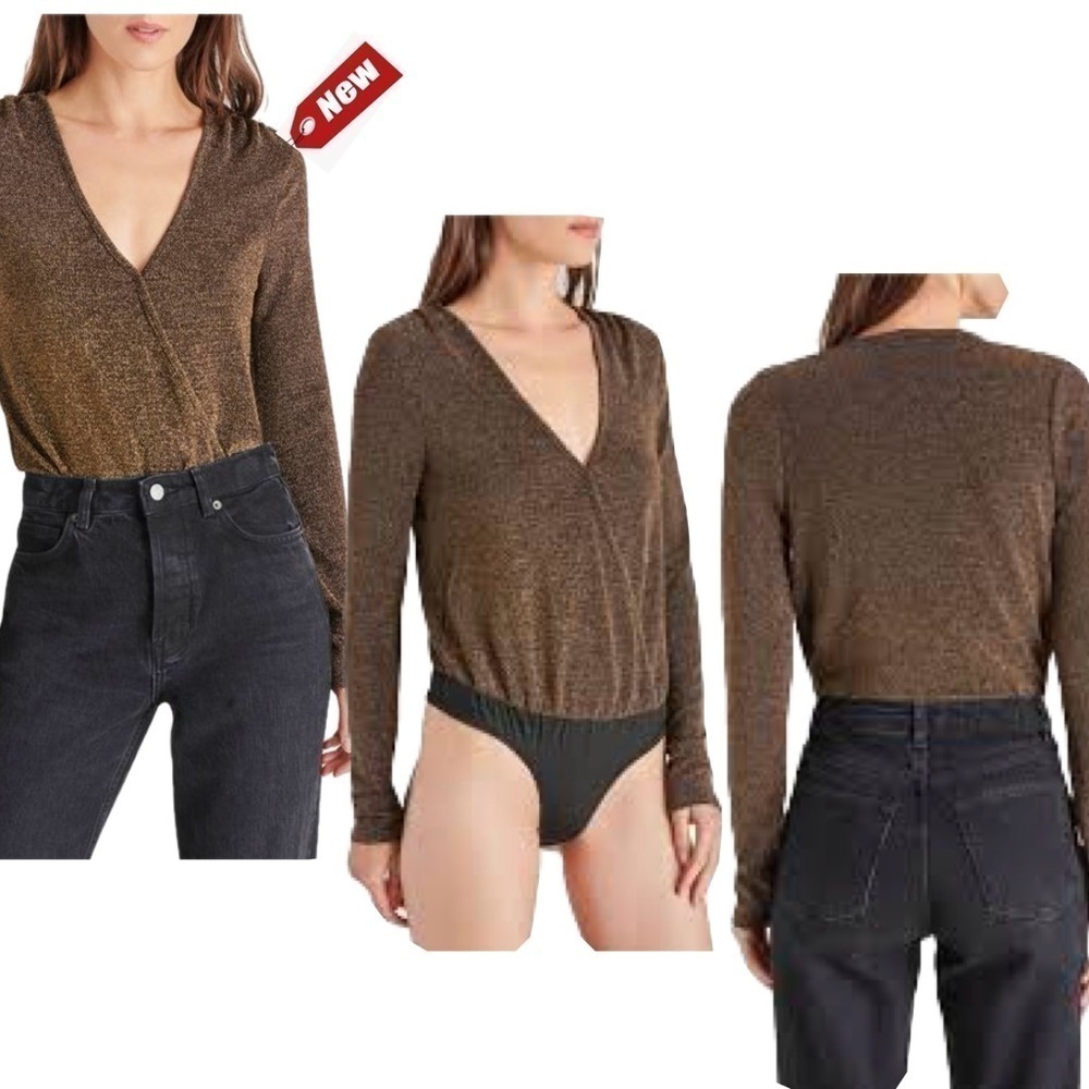 Steve Madden gold Long Sleeve Metallic glitter Knit Bodysuit Sz XL NWT